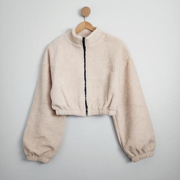 NWT Clad & Cloth Chai Cream Faux Fur Sherpa Cropped Bomber Jacket L - Picture 5 of 13